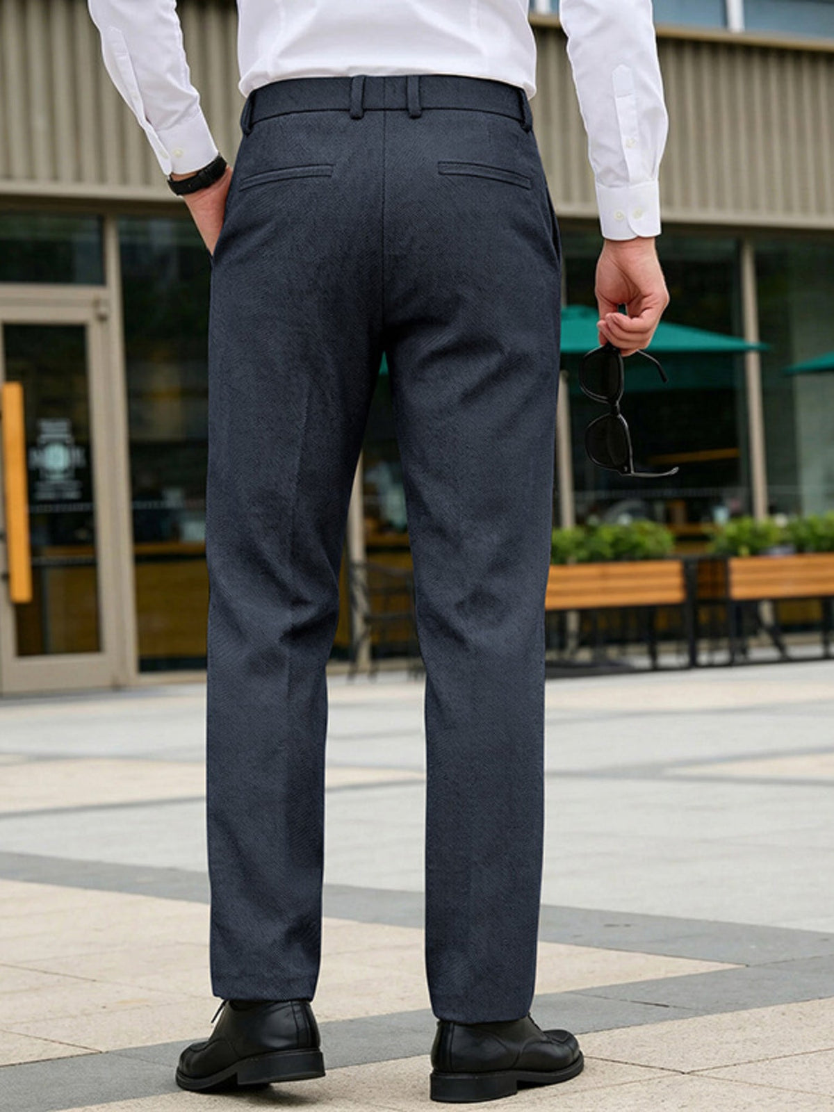 Classic fit dress pants, dark navy, back view with center crease