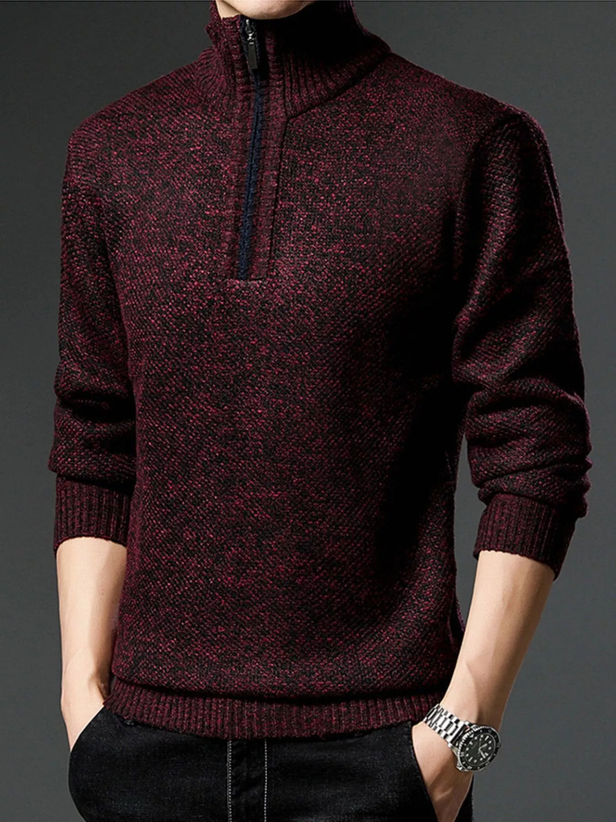 Men's half-zip knitted pullover sweater, burgundy heather, back view with ribbed hem