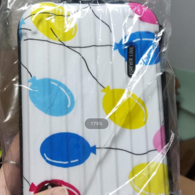 White graphic cosmetic bag with blue and yellow pattern, zipper top
