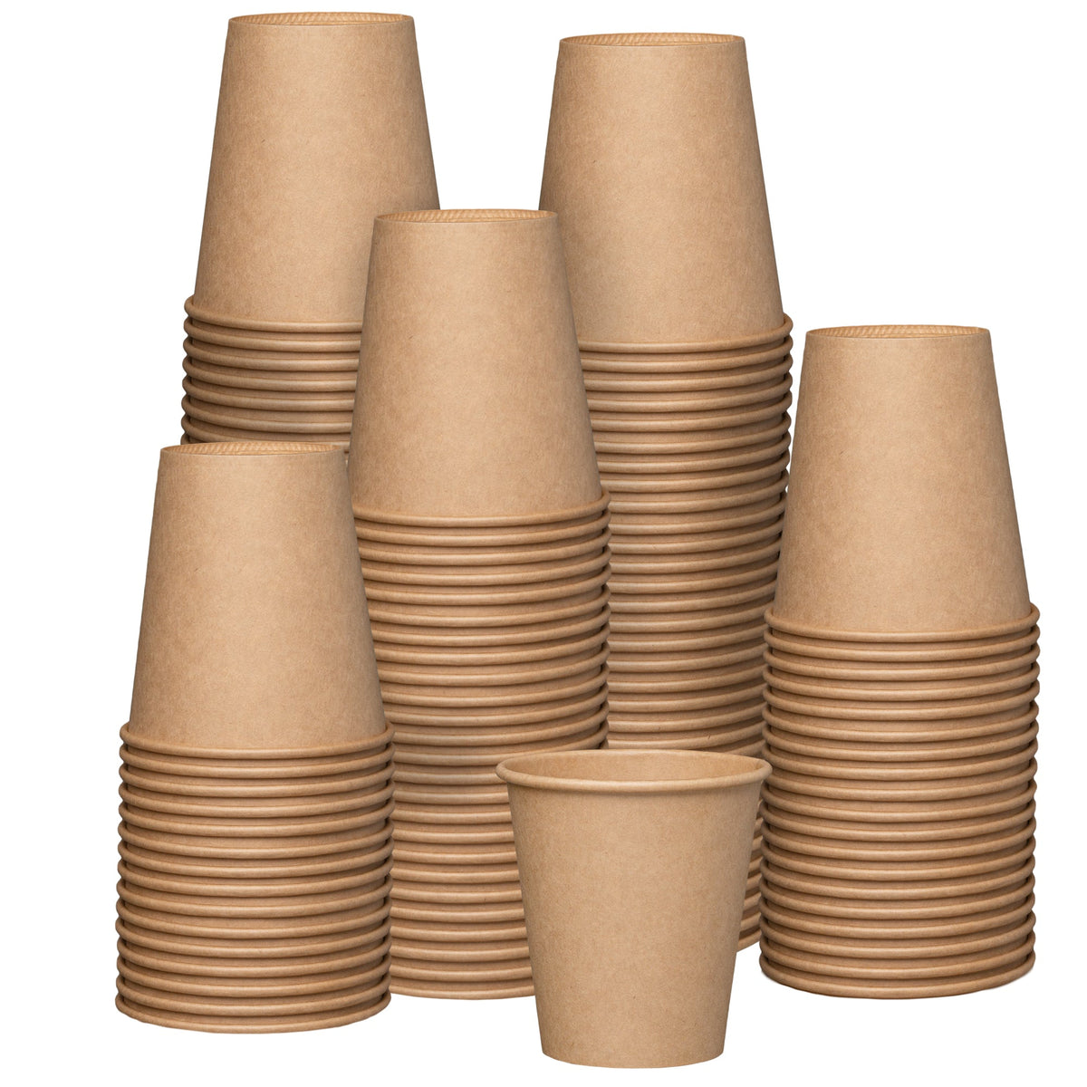 Unbleached kraft hot coffee cups, stacked assortment of paper cups