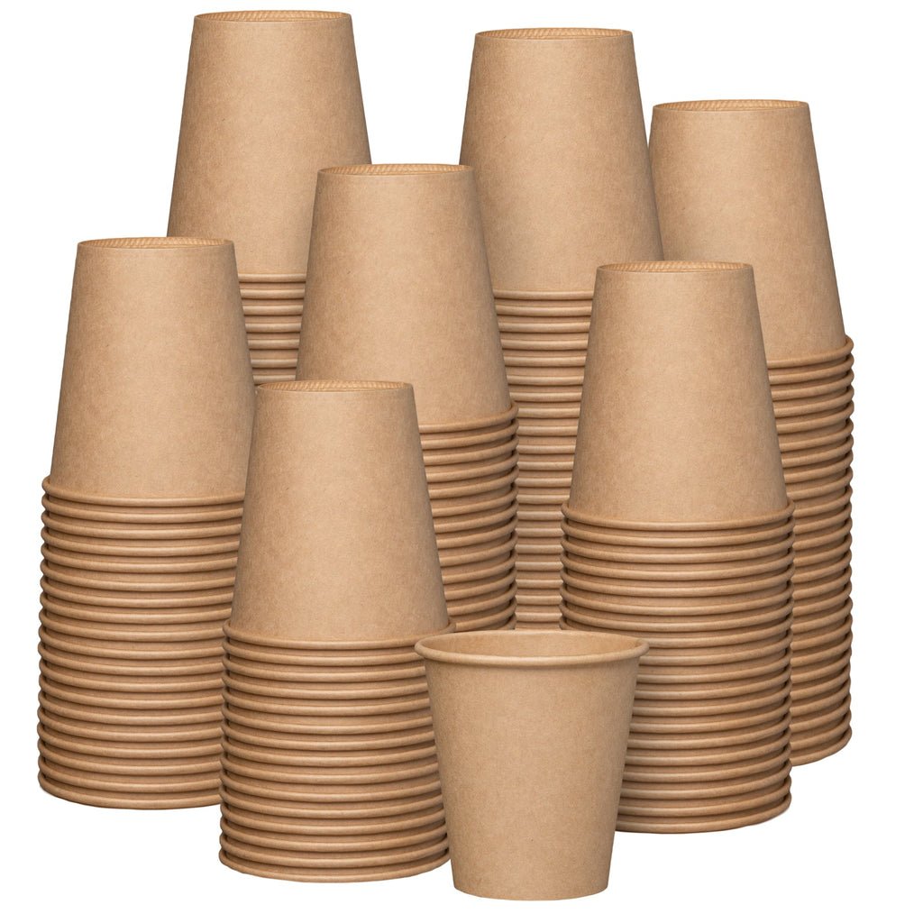 Set of unbleached kraft hot coffee cups with multiple stacked cups