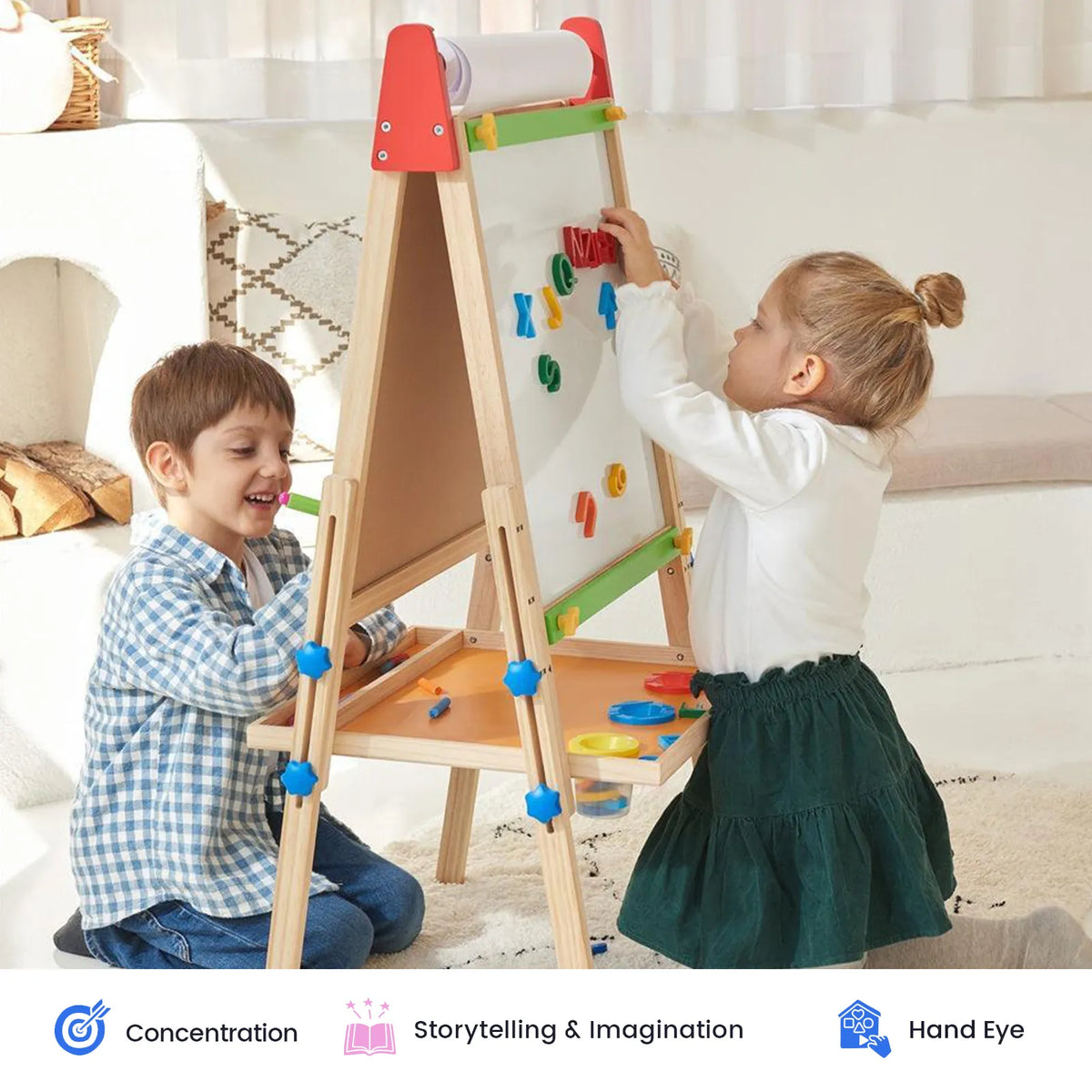Kids art easel with green board and accessories, children drawing, wooden frame