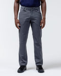 Charcoal chino pants with belt loops, button-and-zip fly, and straight-leg fit
