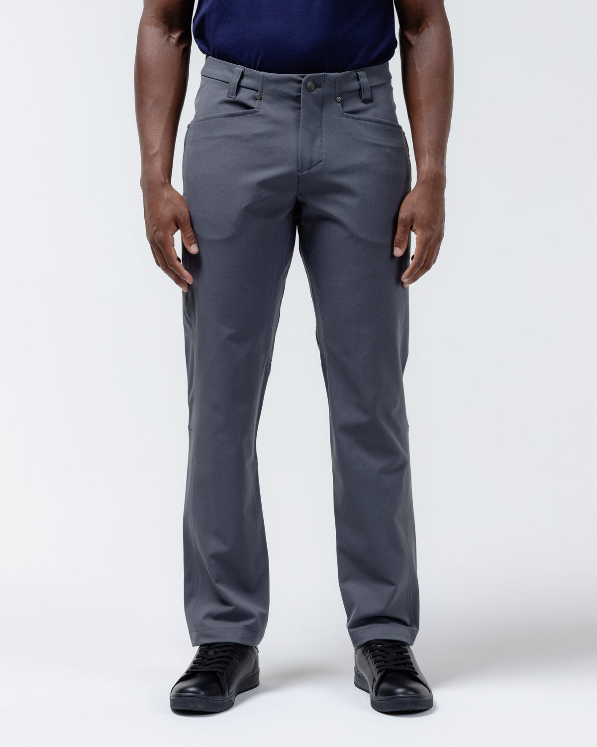 Charcoal chino pants with belt loops, button-and-zip fly, and straight-leg fit