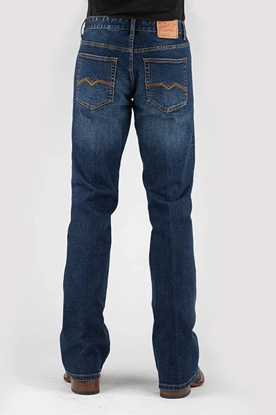 Men's dark wash denim jeans, back view with stitched back yoke and orange tag