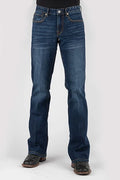 Men's dark wash denim jeans, five-pocket, orange logo patch at waistband