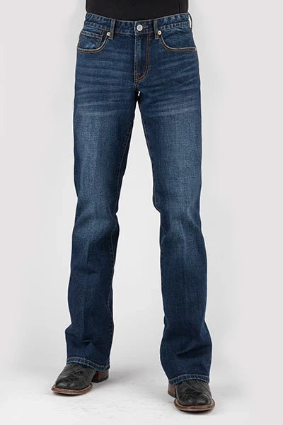 Men's dark wash denim jeans, five-pocket, orange logo patch at waistband