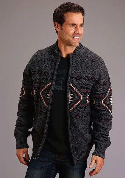 Men's grey zip-up sweater with horizontal Aztec fair isle pattern and stand collar