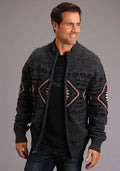 Men's grey zip-up sweater with horizontal Aztec fair isle pattern and stand collar