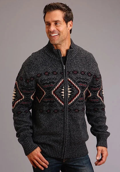 Men's grey zip-up sweater with Aztec diamond pattern and ribbed cuffs