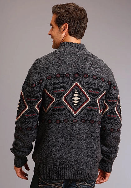 Men's grey zip-up sweater, back view, Aztec diamond fair isle yoke pattern