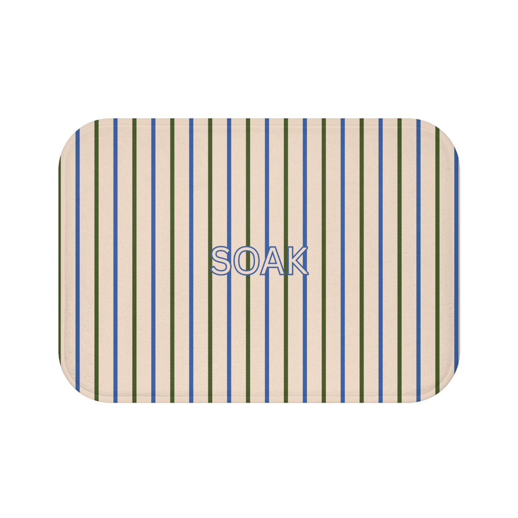 Striped bath mat with vertical blue, green, and beige lines and rounded corners