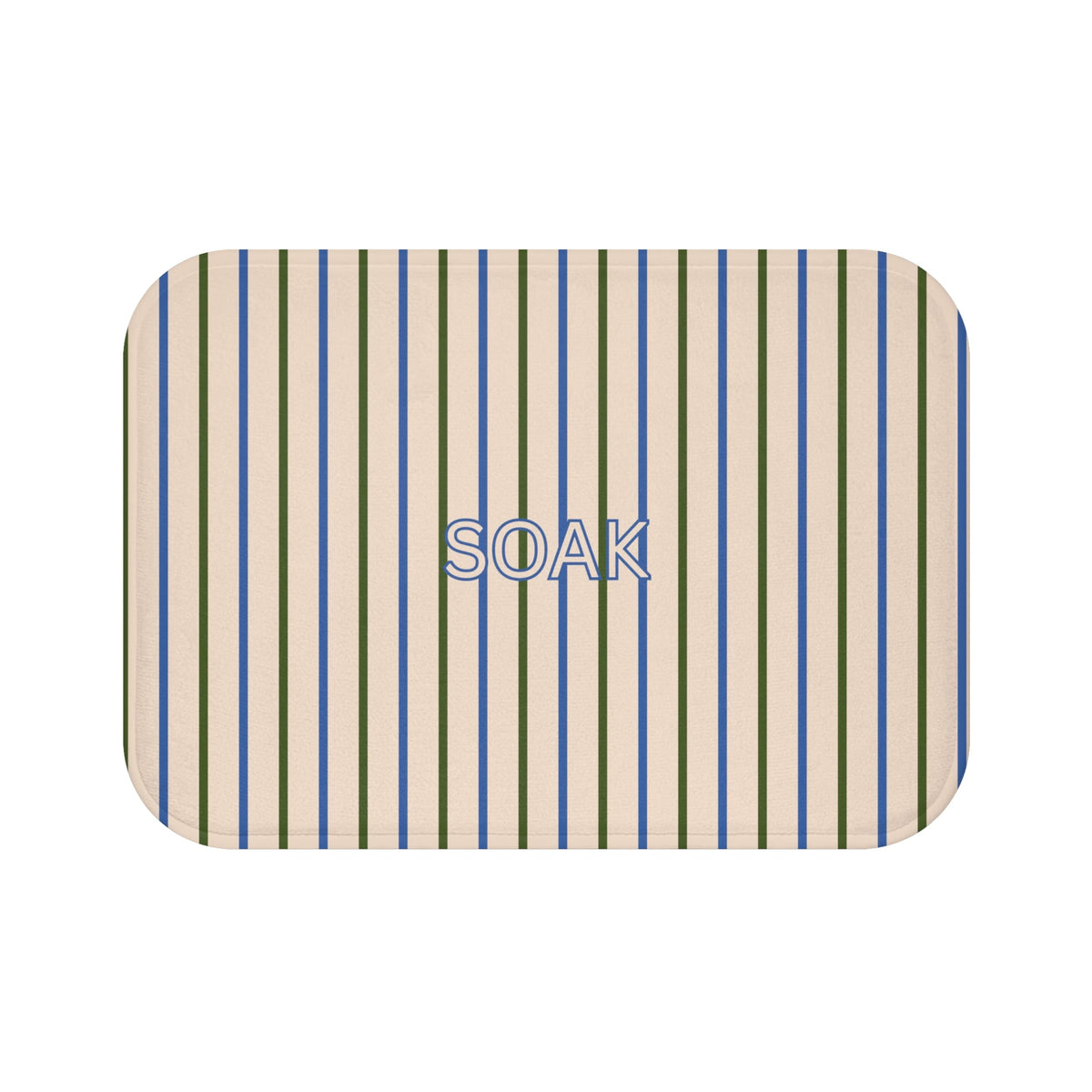 Striped bath mat with vertical blue, green, and beige lines and rounded corners