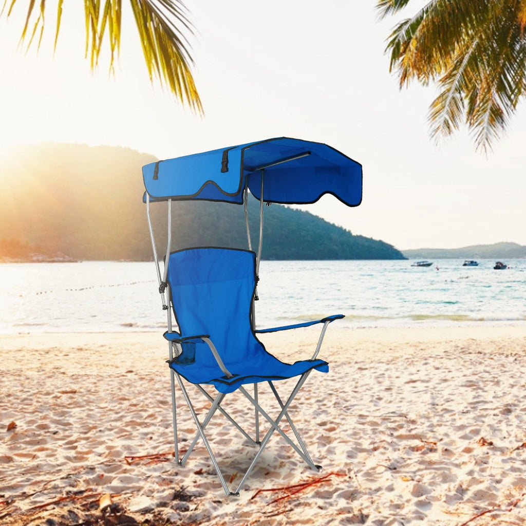 Blue folding beach canopy chair with overhead sunshade and reclining seat