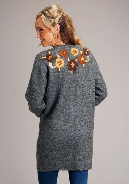 Women's grey cardigan with floral embroidery across upper back