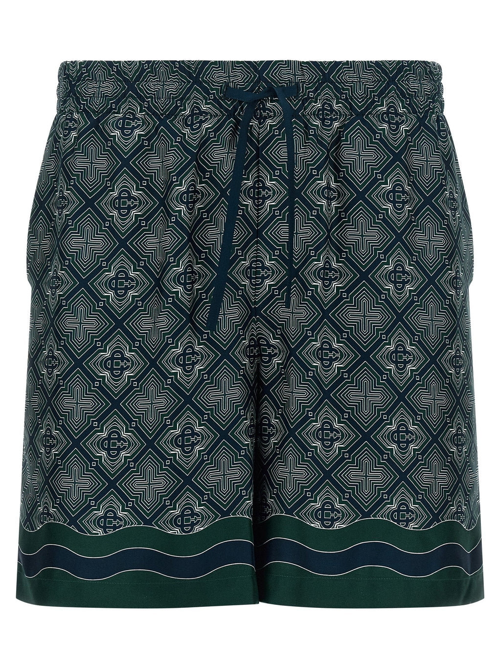 Men's silk bermuda shorts in dark teal with navy geometric pattern