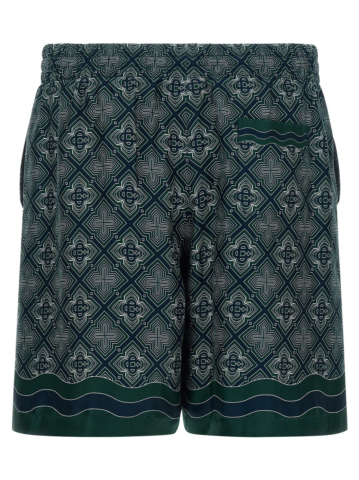 Men's silk bermuda shorts, dark teal geometric print with wavy stripe