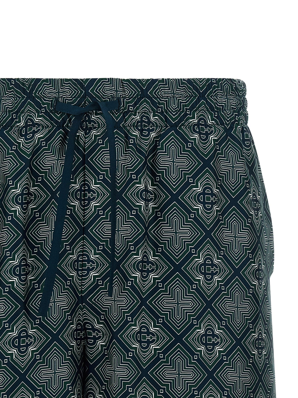 Close-up of men's silk bermuda shorts waistband and geometric pattern