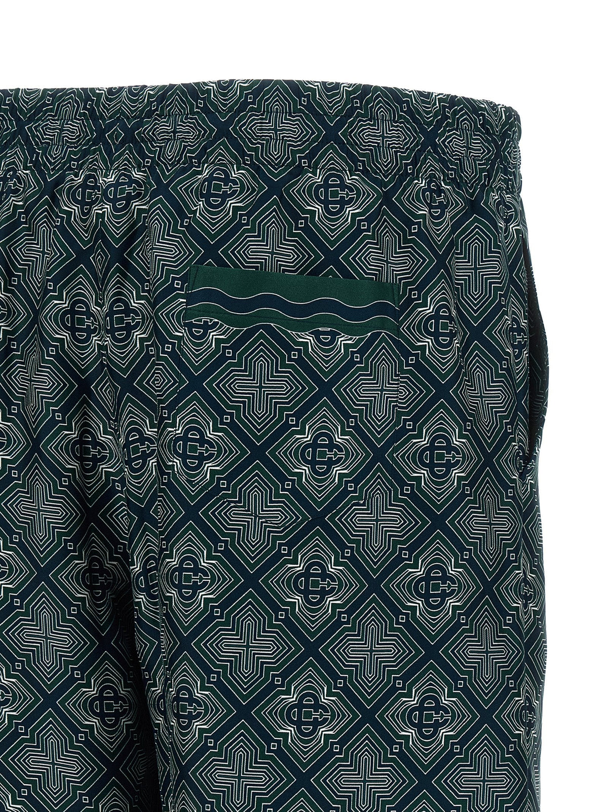 Close-up of men's silk bermuda shorts with wavy stripe detail and print