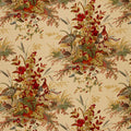 Autumn floral fabric with quail birds on a light cream background, dense botanical pattern