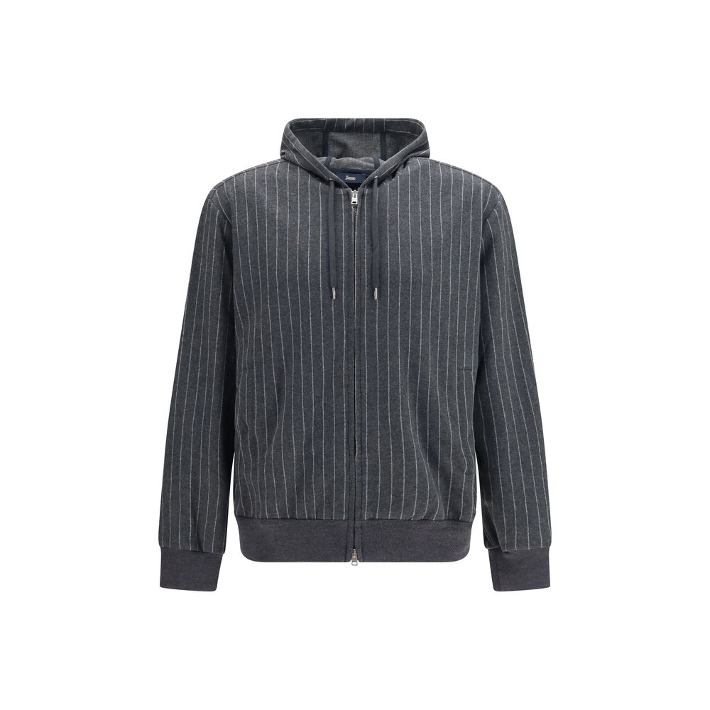 Men's cotton zip-up hoodie sweatshirt, dark charcoal with thin vertical pinstripes