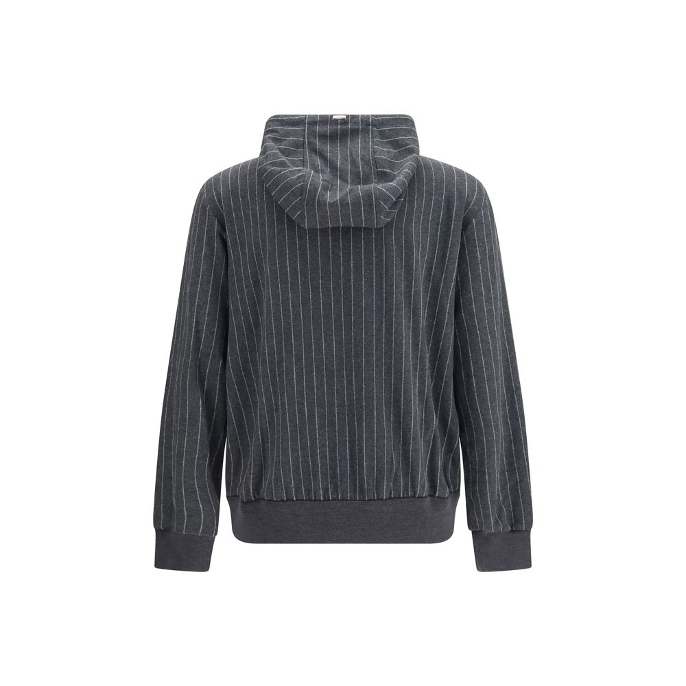 Men's cotton zip-up hoodie sweatshirt, dark charcoal pinstripes, ribbed cuffs and hem