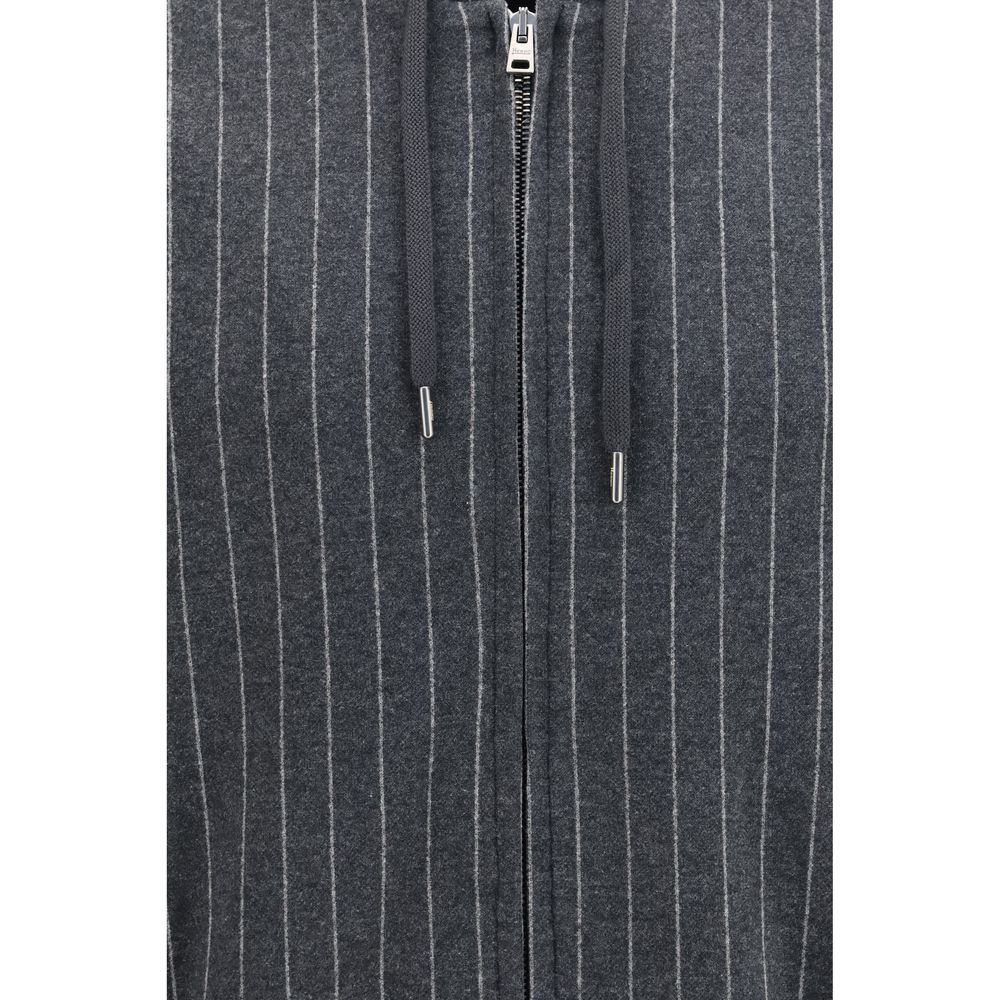 Cotton zip-front hoodie sweatshirt detail: silver zipper on pinstripe fabric