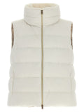 Cream sleeveless puffer jacket vest with front zip and high stand collar