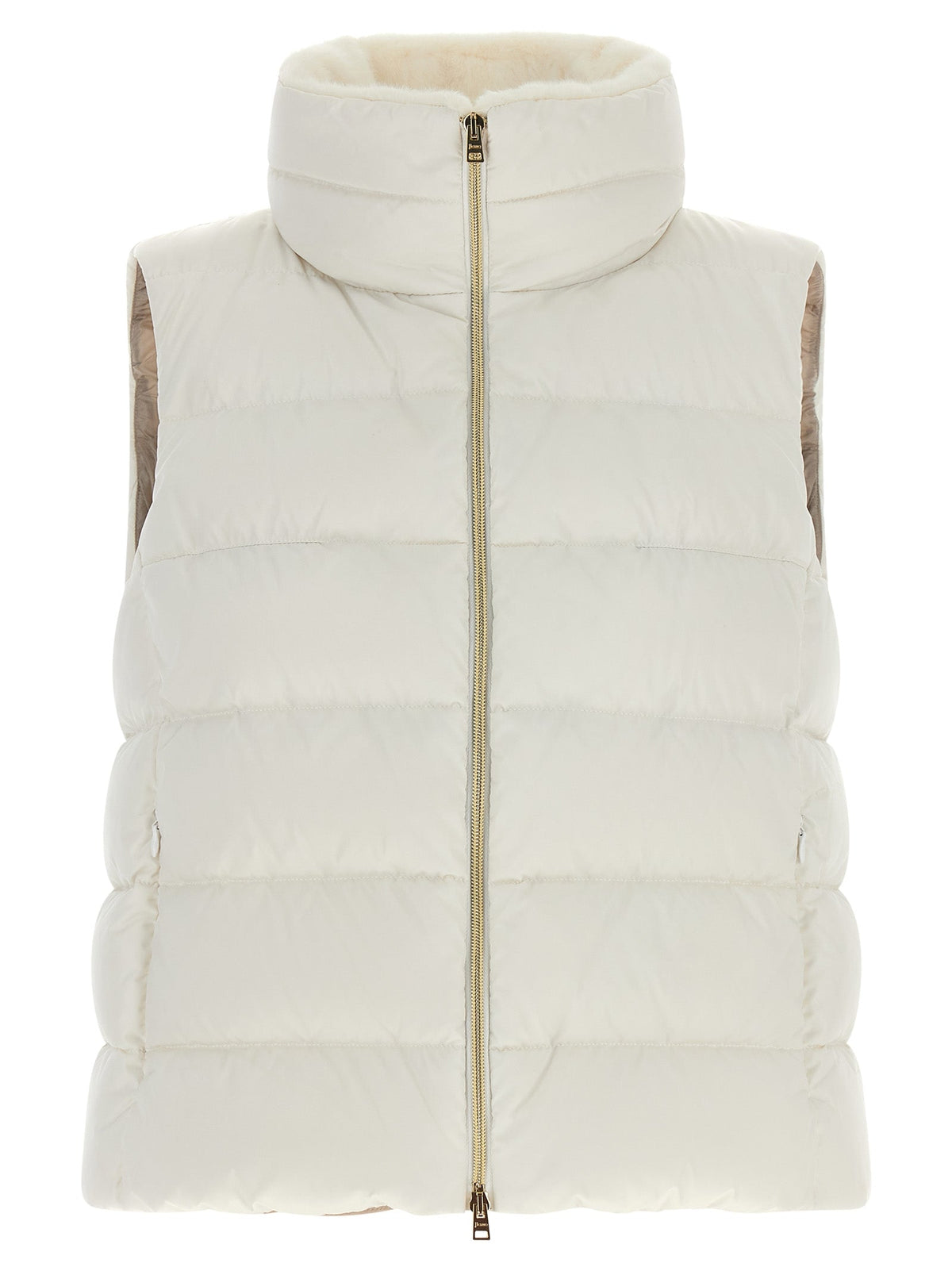 Cream sleeveless puffer jacket vest with front zip and high stand collar