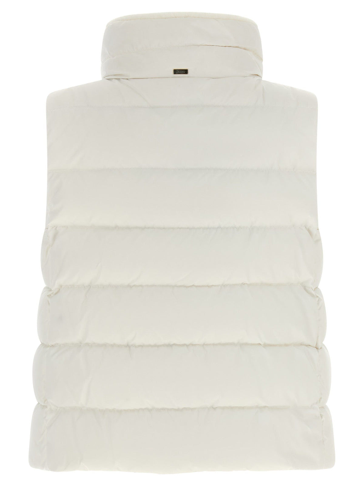 Cream sleeveless puffer jacket vest with stand collar and horizontal quilting