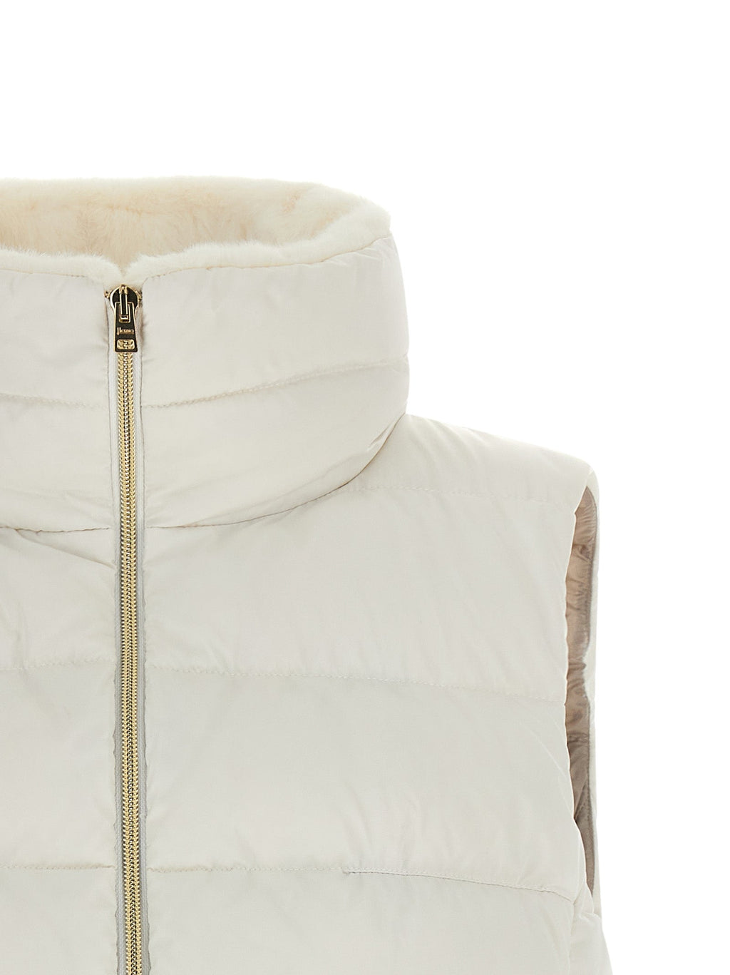 Cream sleeveless puffer vest with front zipper and stitched channel quilting