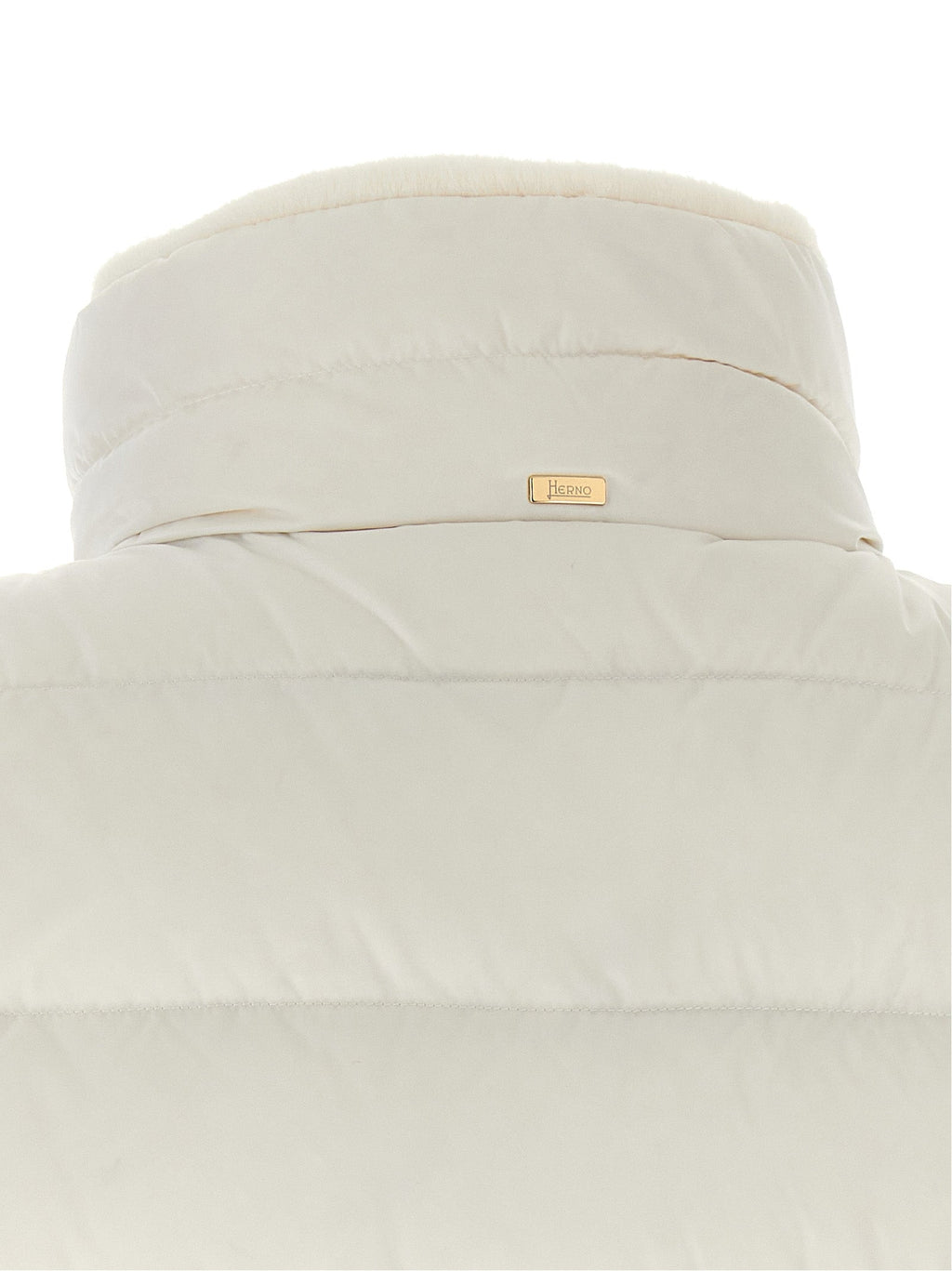 Cream sleeveless puffer jacket vest with stand collar and small logo patch