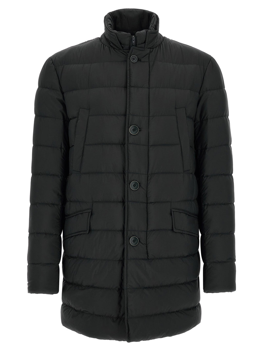 Men's black puffer jacket with hood, button front, and side pockets