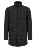 Men's black puffer jacket with hood, button front, and side pockets