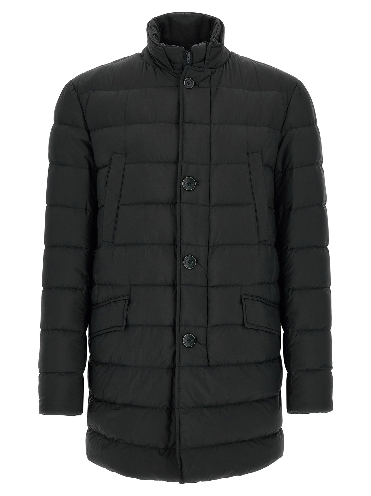 Men's black puffer jacket with hood, button front, and side pockets