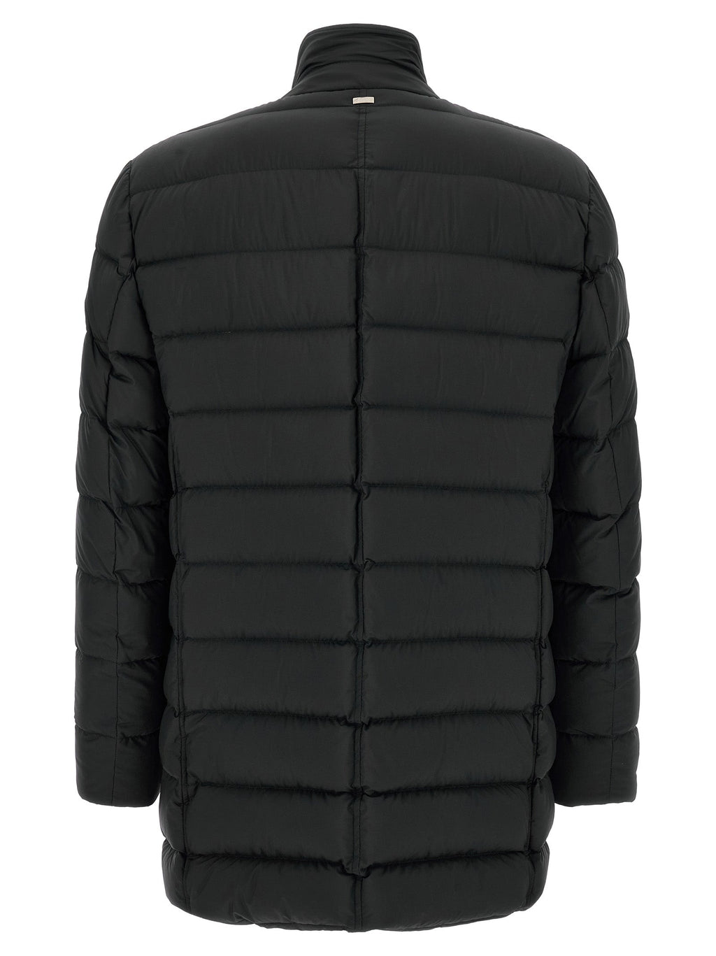 Men's black hooded puffer jacket, back view