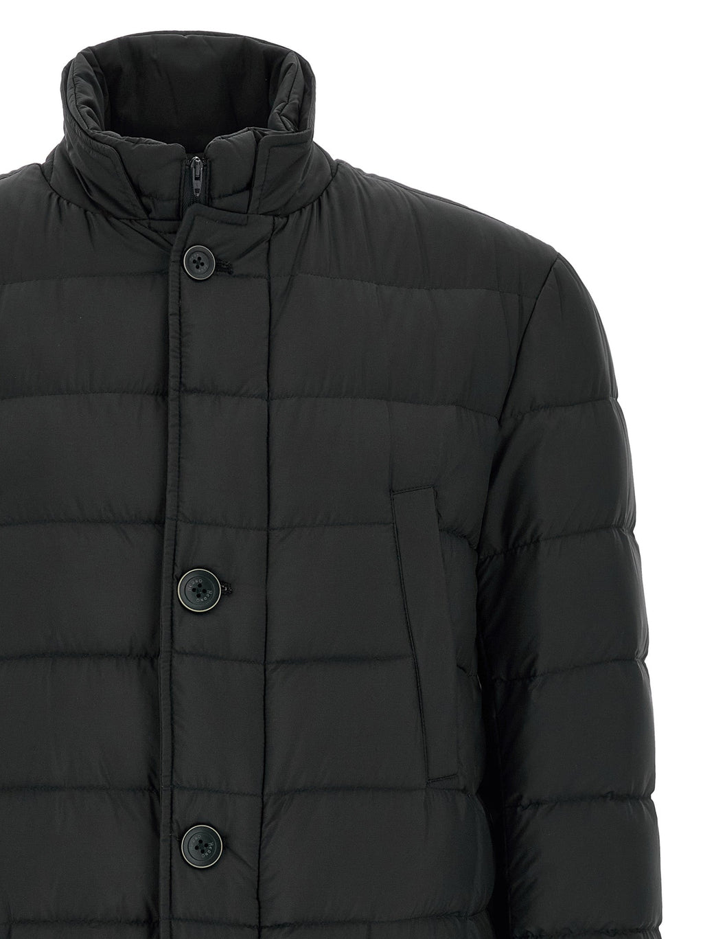 Men's black hooded puffer jacket front with button placket
