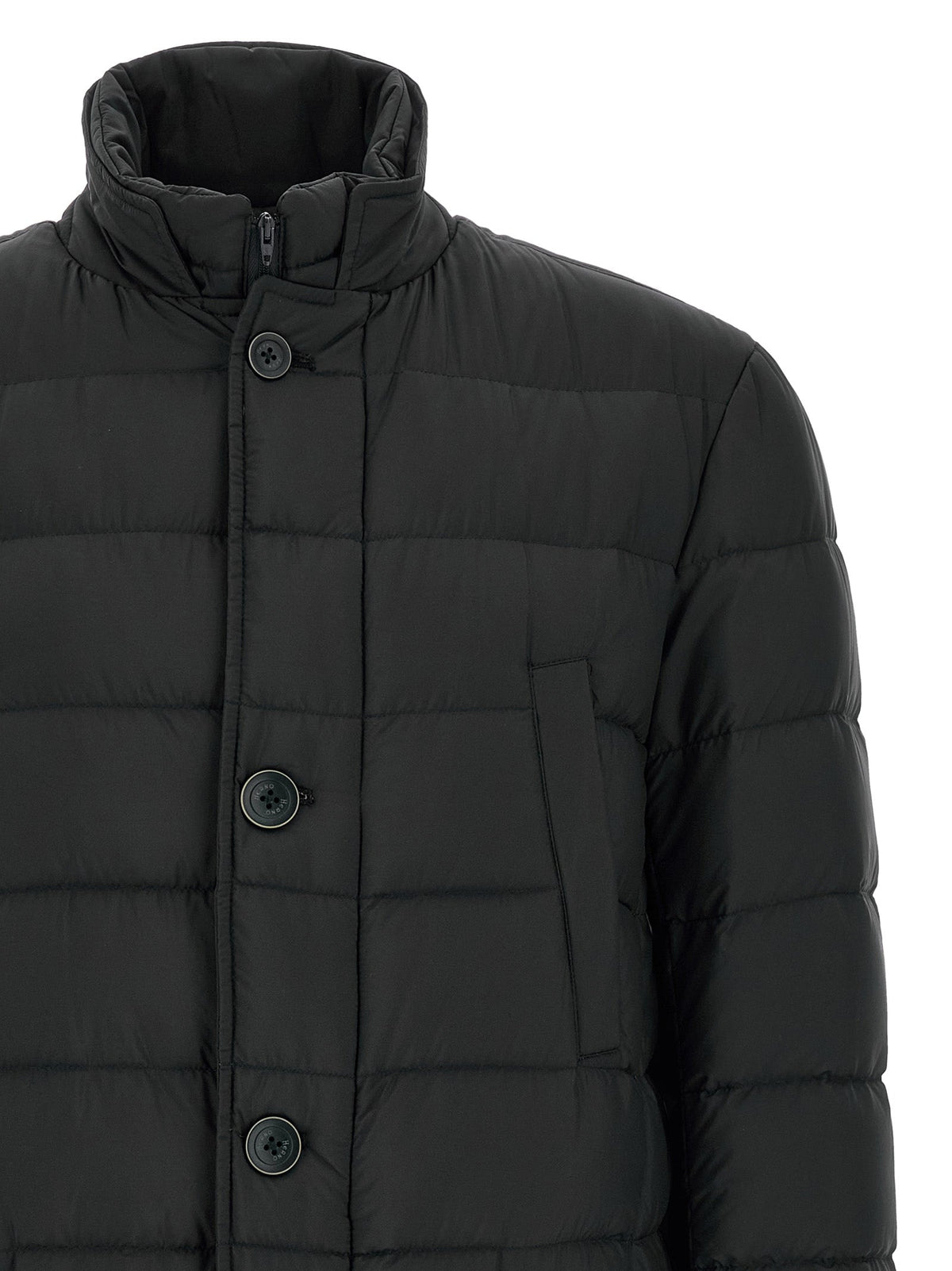 Men's black hooded puffer jacket front with button placket