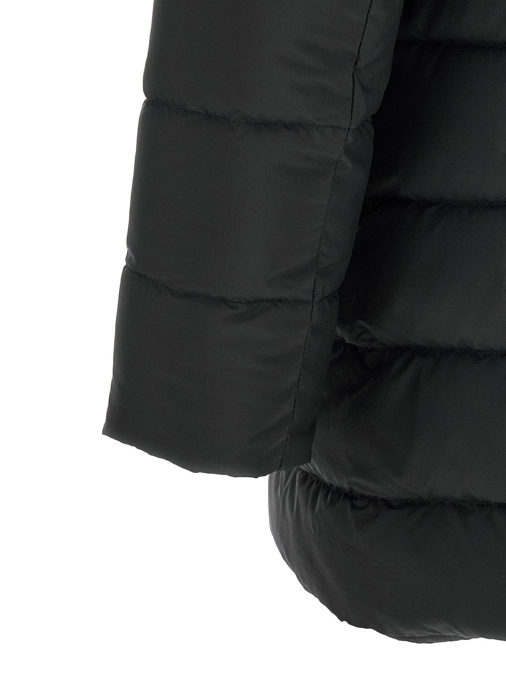 Men's black puffer jacket sleeve and curved hem detail