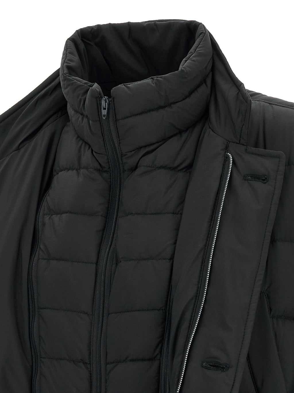 Men's black hooded puffer jacket with front zipper and chest pocket detail