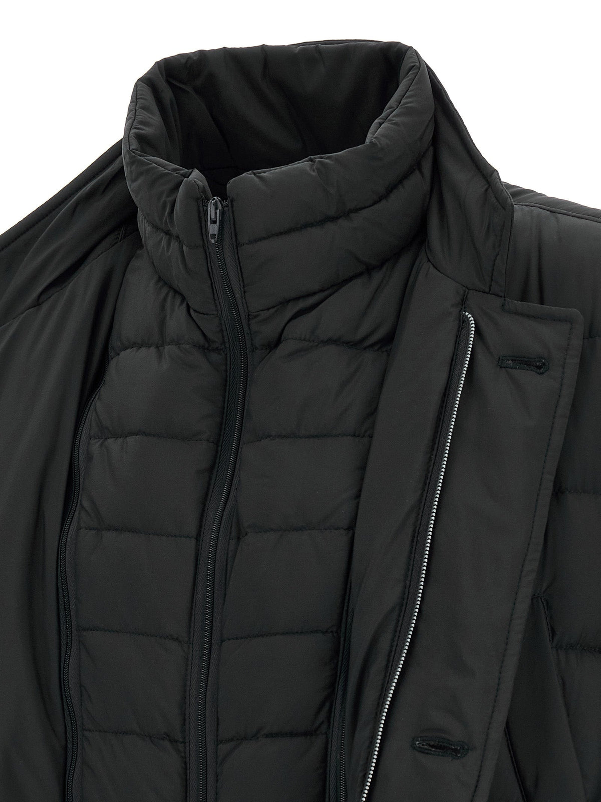 Men's black hooded puffer jacket with front zipper and chest pocket detail