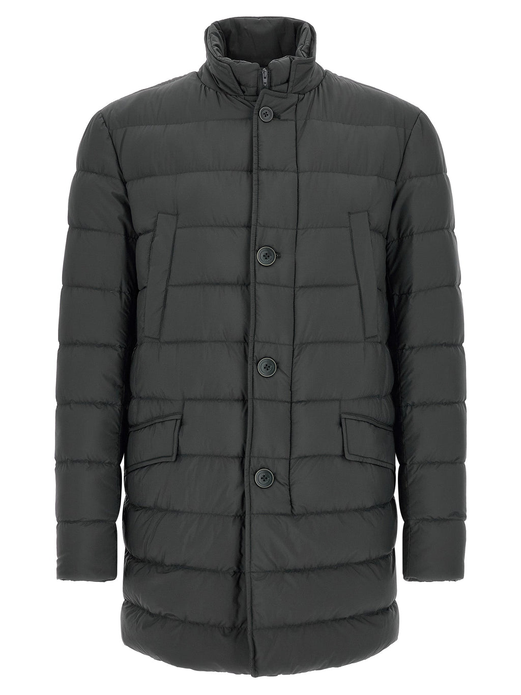Men's black polyamide puffer coat with hood, snap-button front and flap pockets