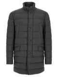 Men's black polyamide puffer coat with hood, snap-button front and flap pockets