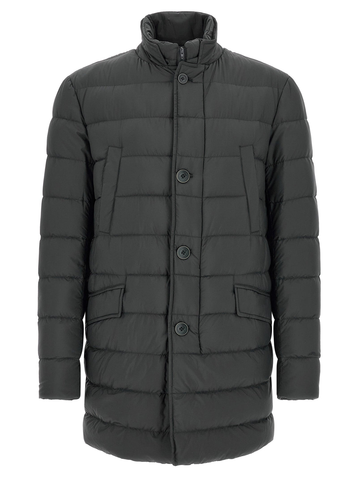Men's black polyamide puffer coat with hood, snap-button front and flap pockets