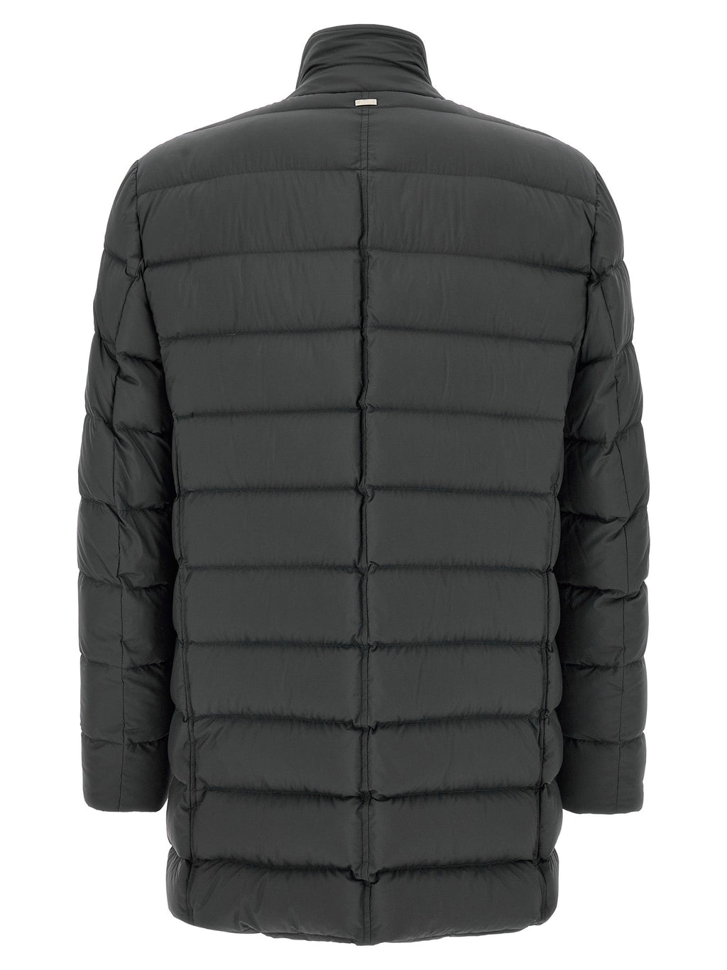 Men's black polyamide puffer coat, hooded back view with horizontal quilted panels