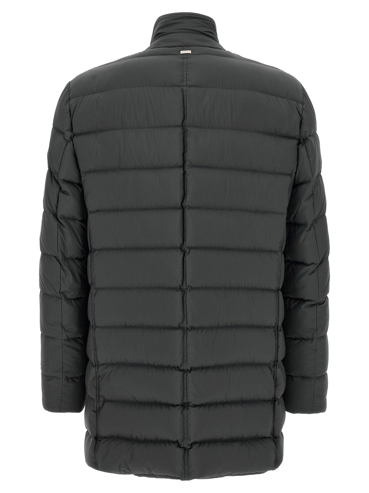 Men's black polyamide puffer coat, hooded back view with horizontal quilted panels