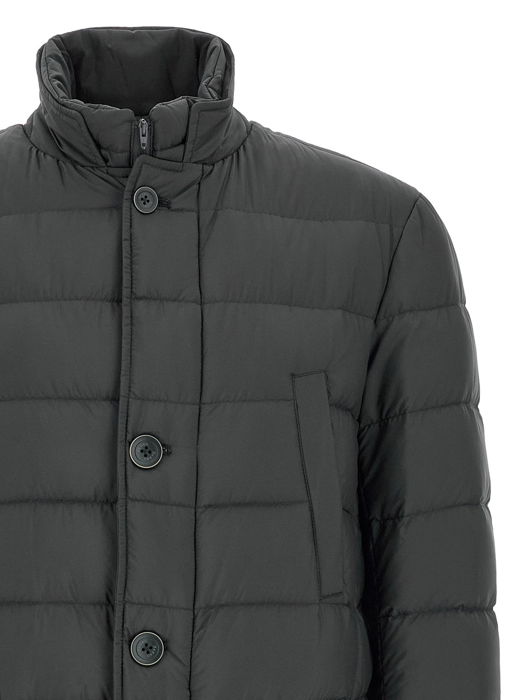 Men's black polyamide puffer coat with stand collar, button placket and chest pocket