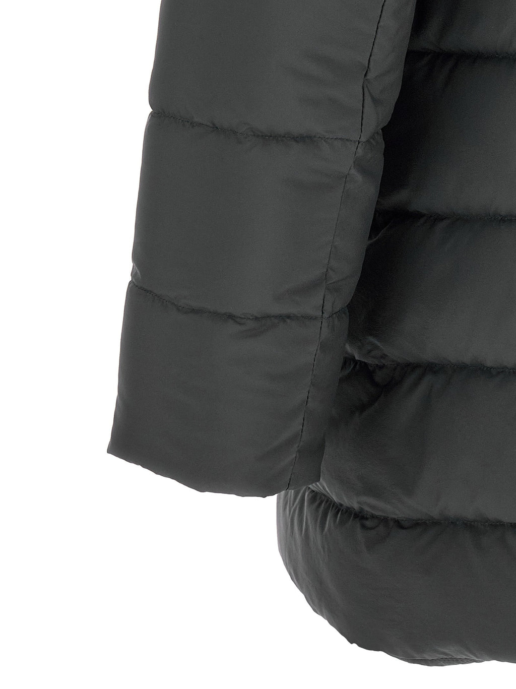 Men's black polyamide puffer coat, quilted sleeve and insulated curved hem