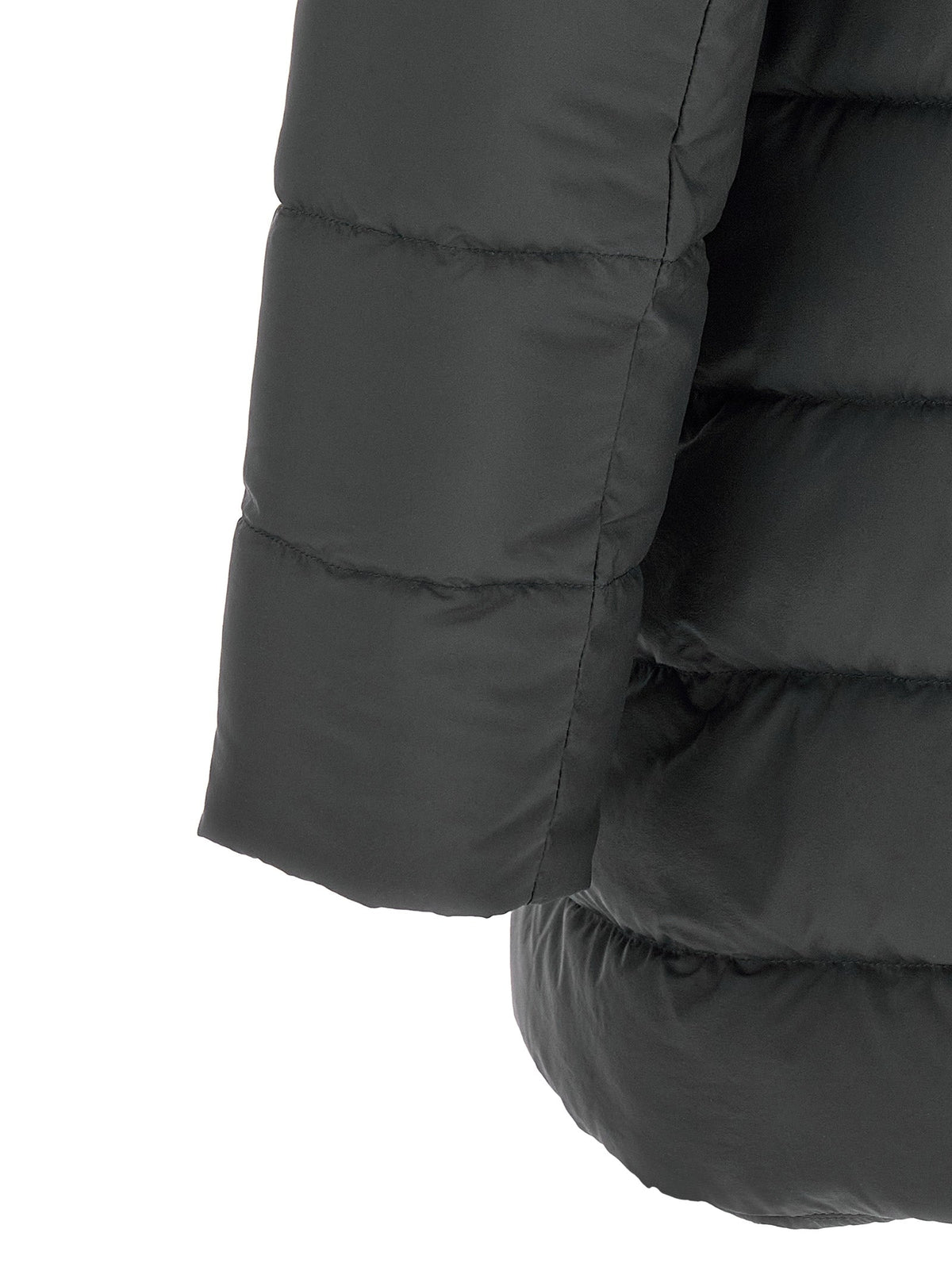 Men's black polyamide puffer coat, quilted sleeve and insulated curved hem