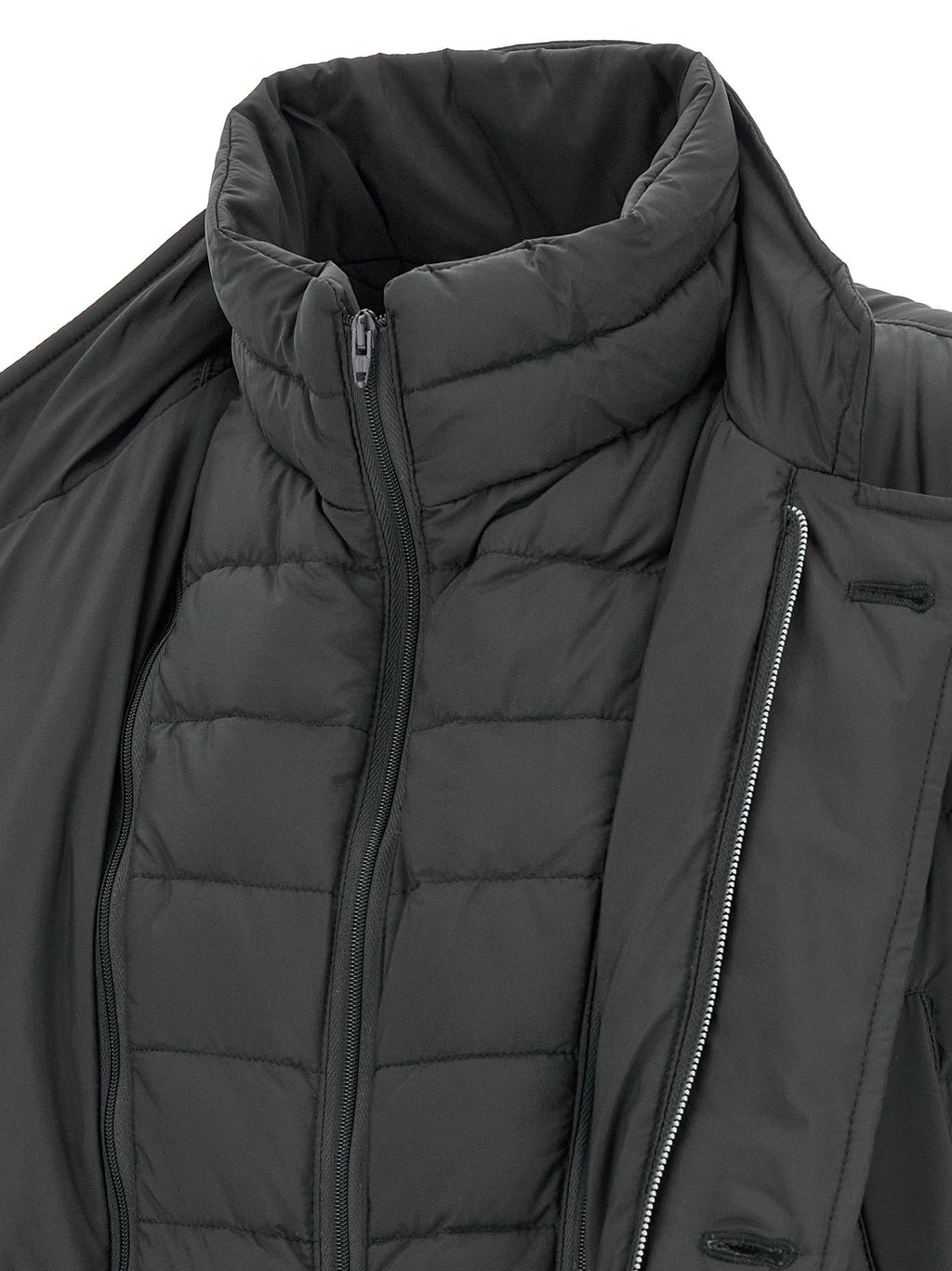 Men's black polyamide puffer coat with hood, full front zip and side slip pockets